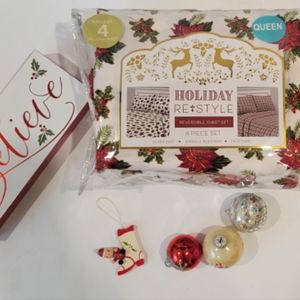 Holiday Style Christmas poinsettas & plaid 6 PC queen